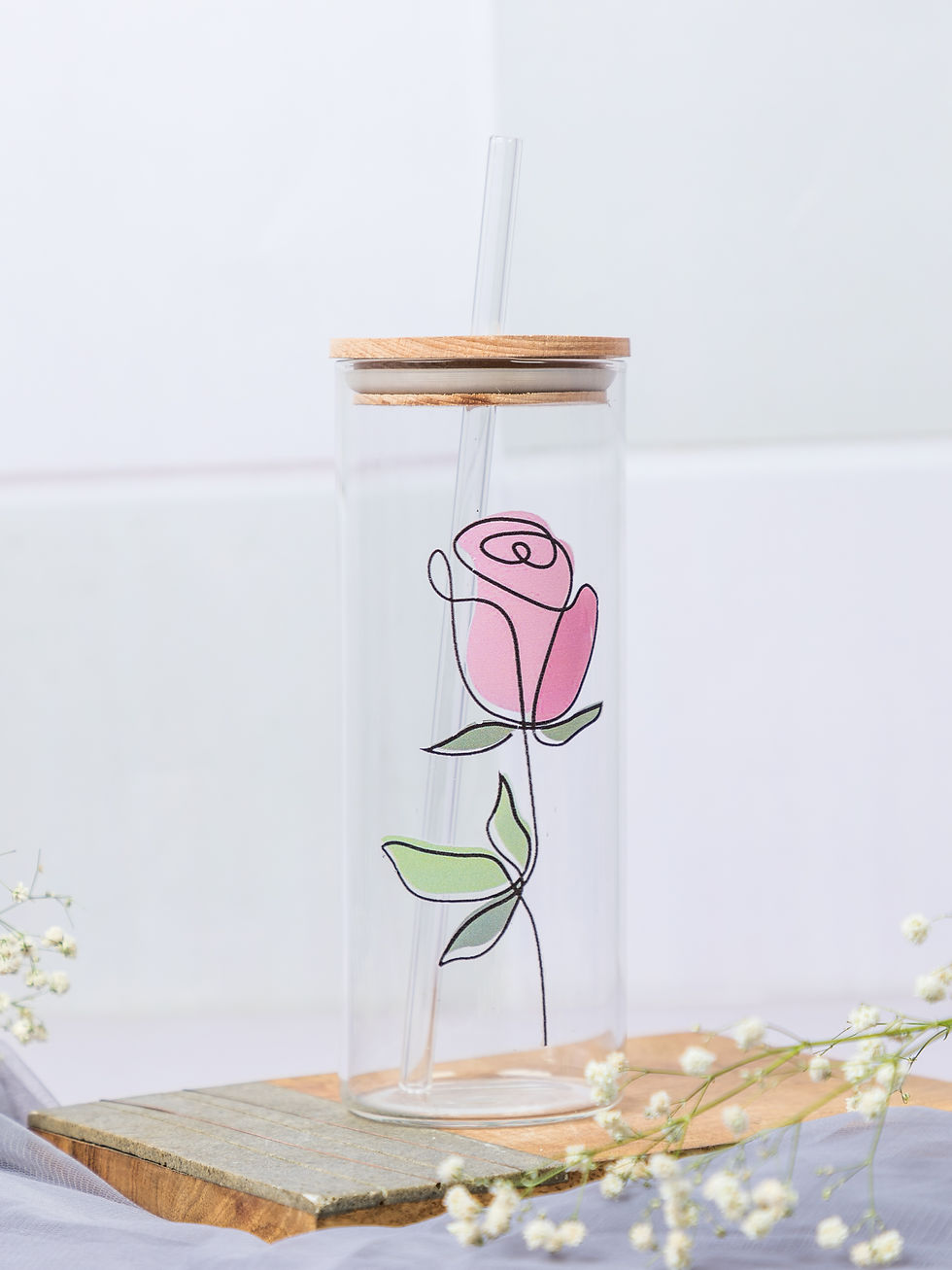 Thumbnail: 650ml Grande Sipper| Minimalistic Rose Print| 22 oz Coffee Glass Tum