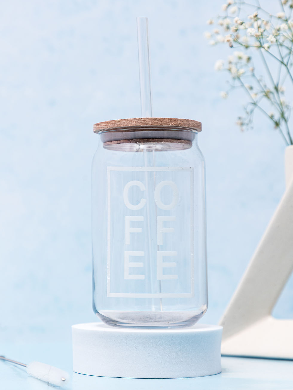 Thumbnail: 500ml Can Shaped Glass| White Coffee|18oz Can Glass with lid, straw and coaster