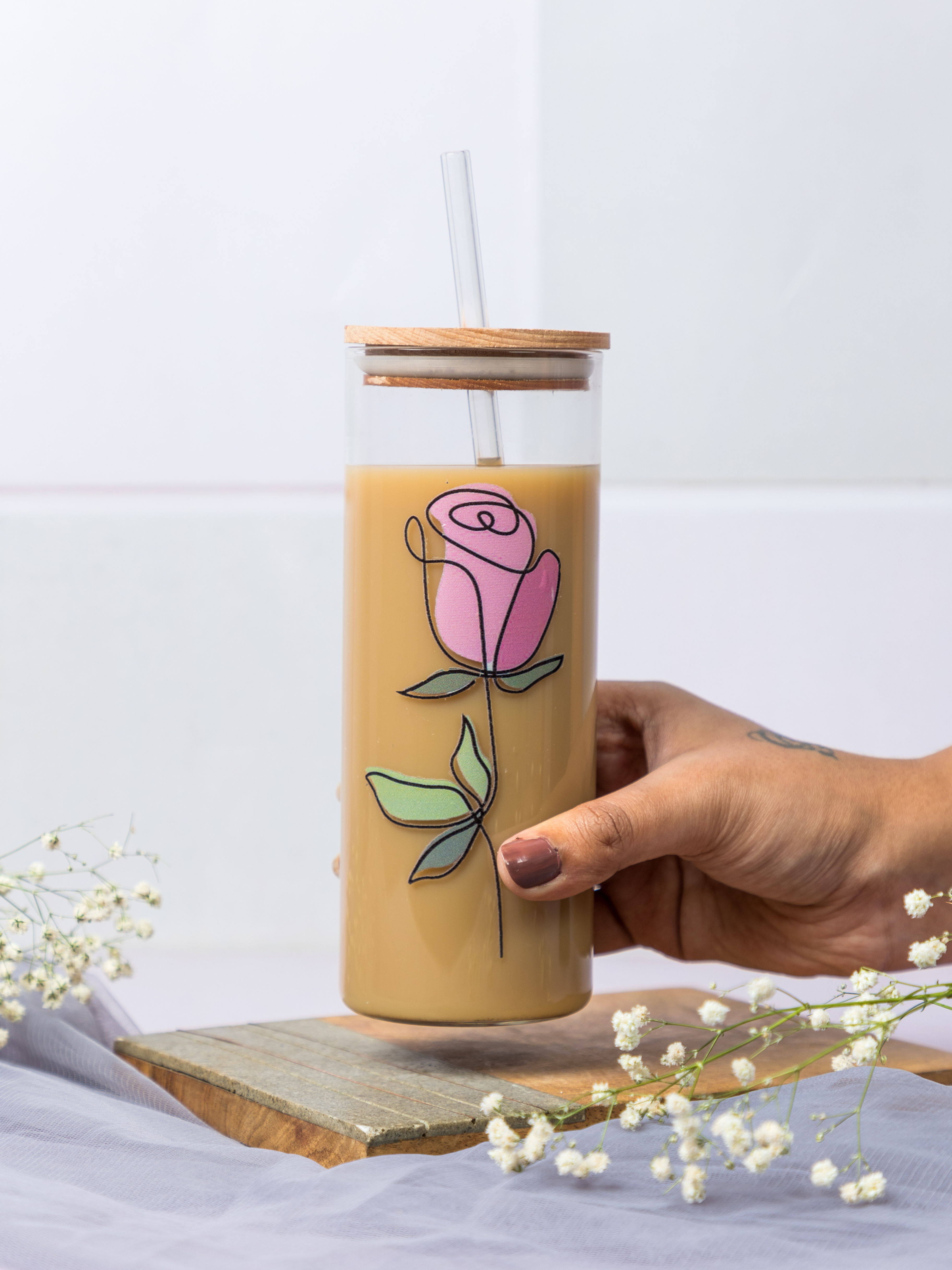 650ml Grande Sipper| Minimalistic Rose Print| 22 oz Coffee Glass Tum