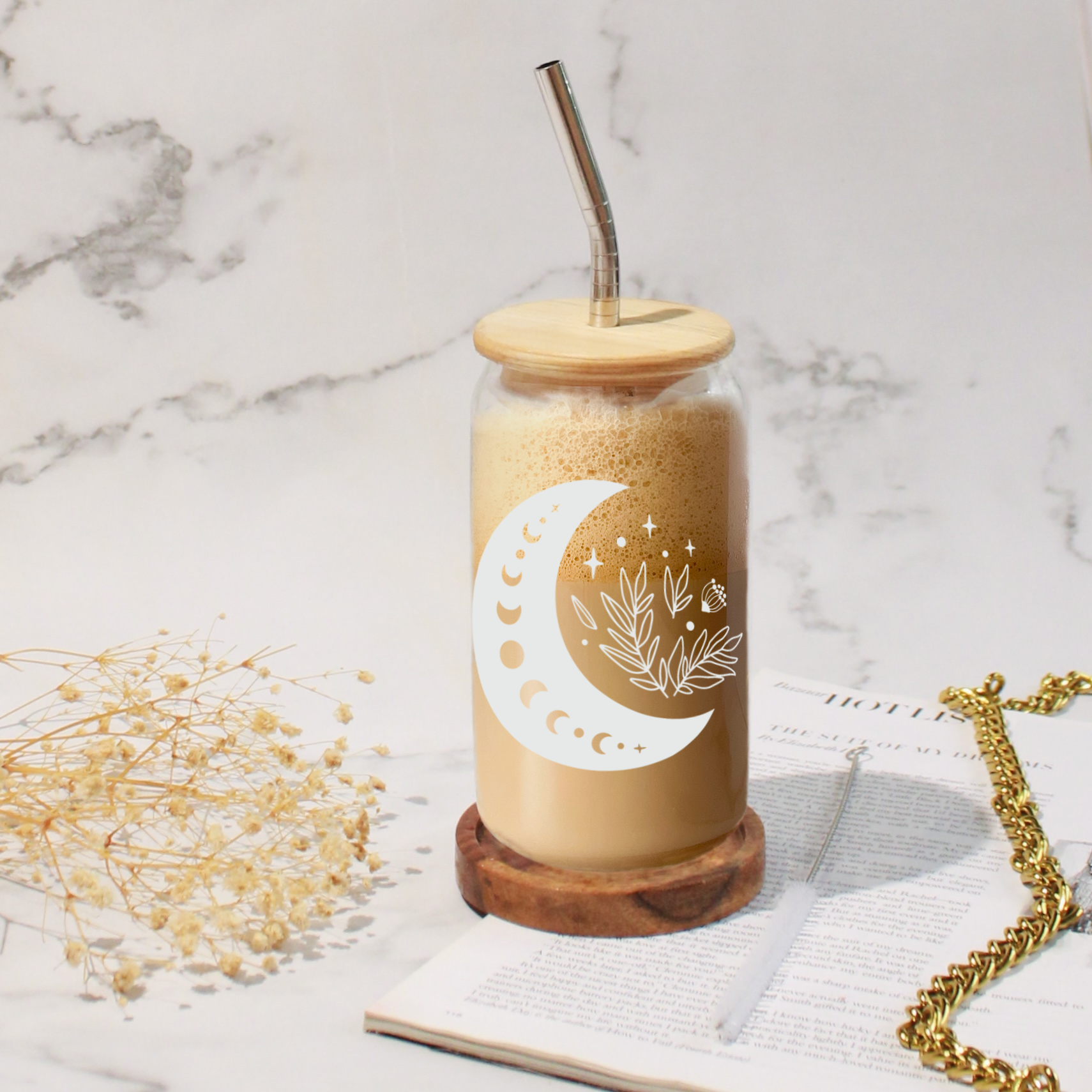500ml Can Shaped Glass| Boho Moon|18oz Can Glass with lid, straw and coaster