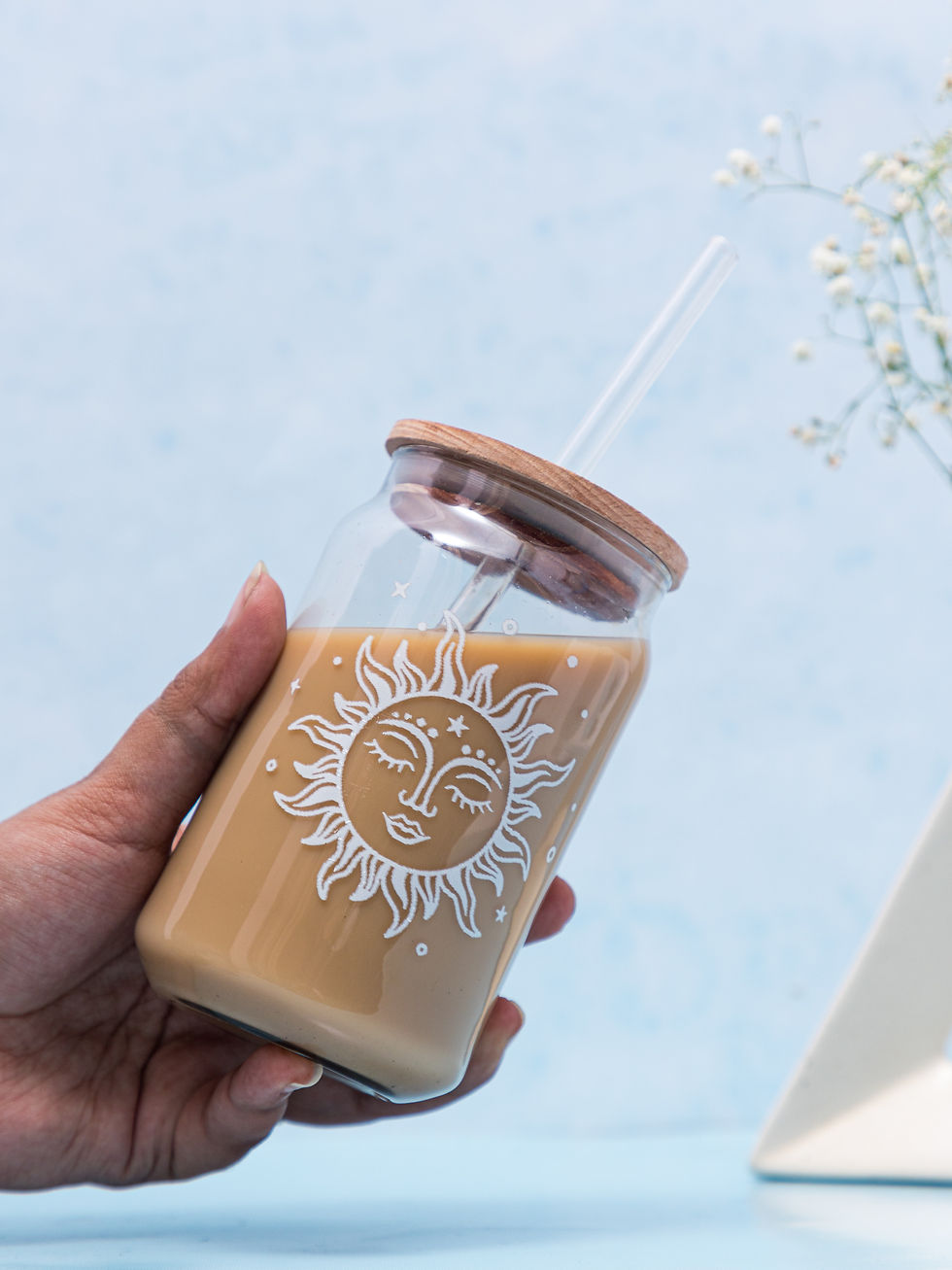 Thumbnail: 500ml Can Shaped Glass| Boho Sun Moon|18oz Can Glass with lid, straw and coaster