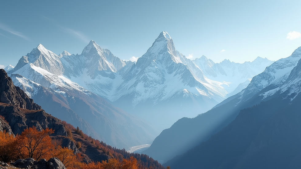 Wide angle view of the majestic Himalayas with snow-capped peaks