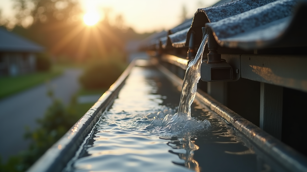 High angle view of clean gutters with water flowing smoothly after maintenance