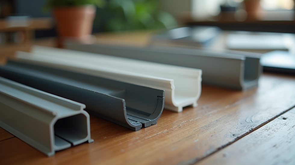High angle view of different types of gutter guards displayed on a table
