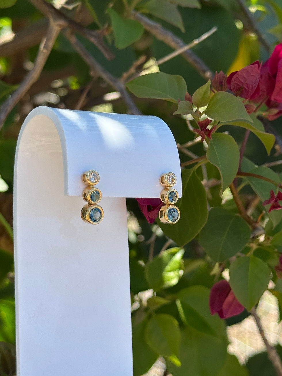 Thumbnail: 3 stone drop earrings featuring Australian Blue sapphires and Australian white zircons in 18k yellow gold