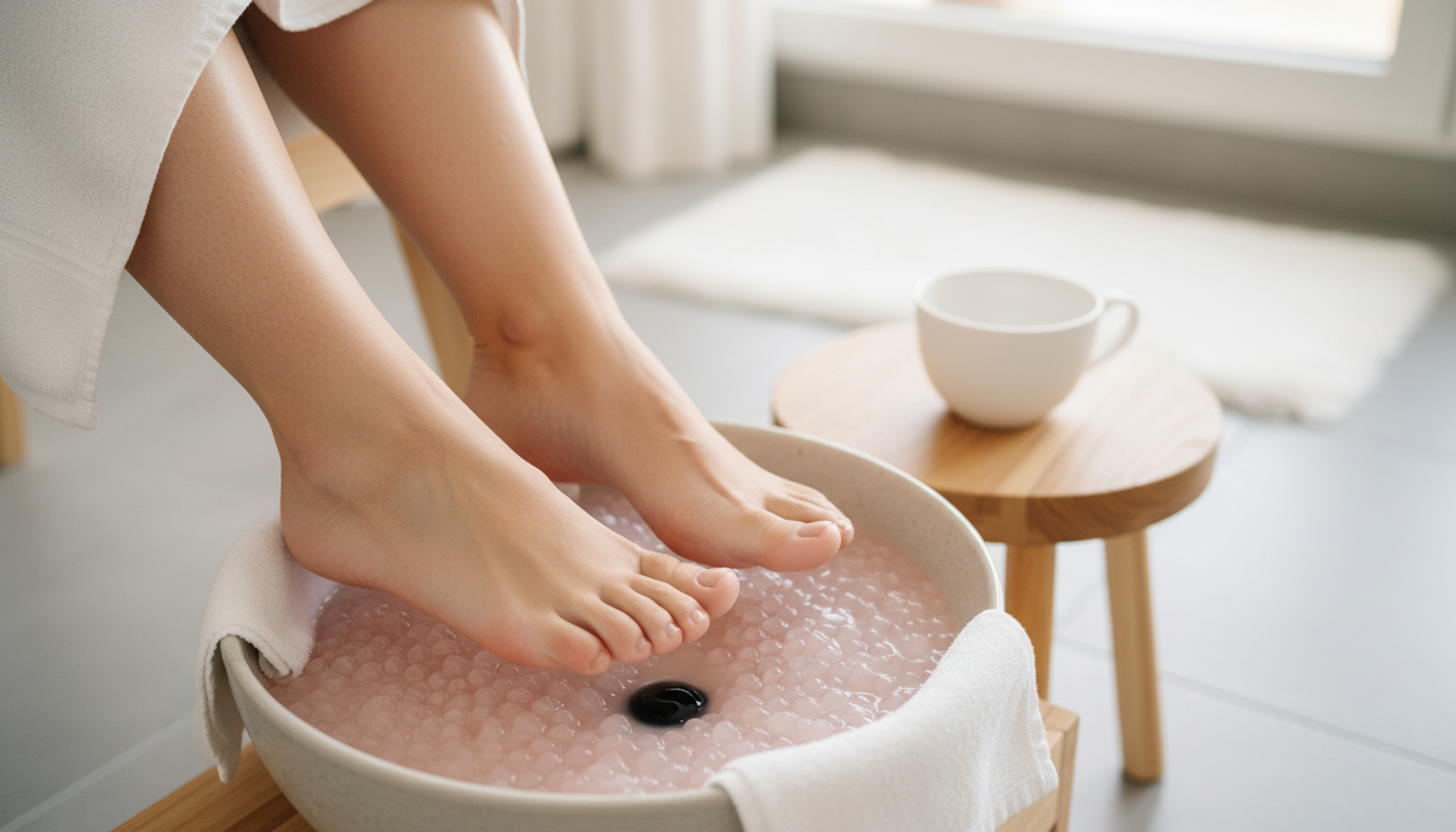 Neutral-toned gel pedicure
