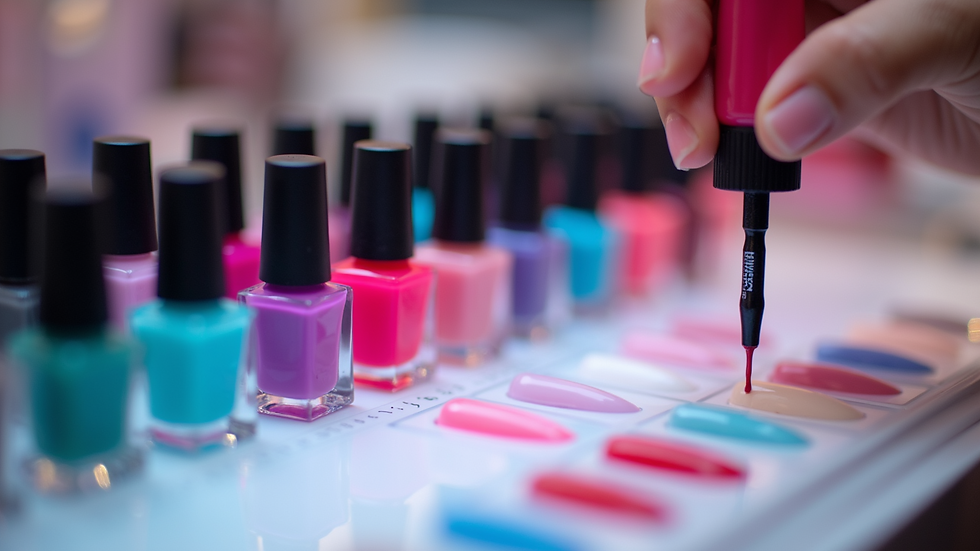 Close-up view of a digital nail art station with colorful polish options