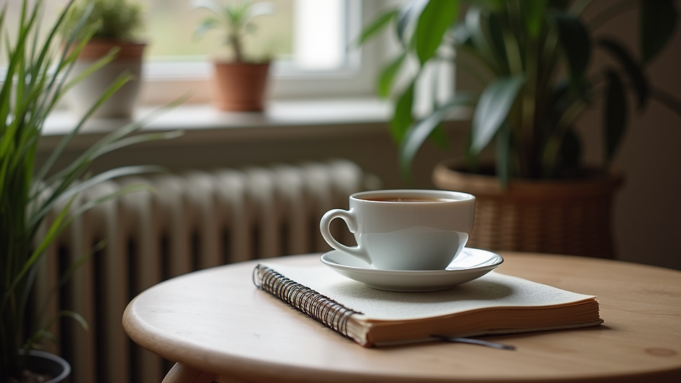 Eye-level view of a cozy corner with a journal and a cup of tea