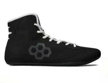 Black high-top RUDIS International wrestling shoe with white laces and hexagon pattern on the side, set against a plain white background.