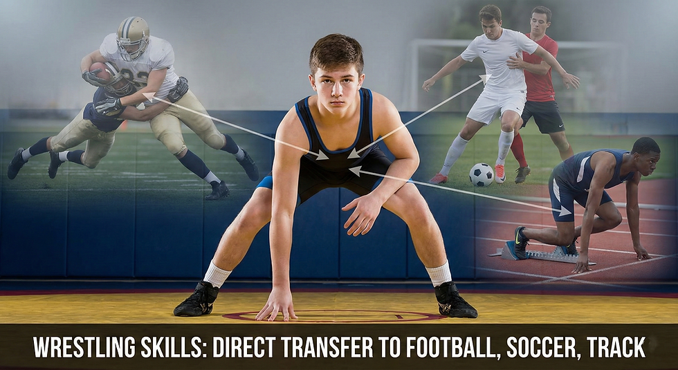 A wrestler crouches focused in the gym, highlighting skills linked to football, soccer, and track. Text: Wrestling Skills: Direct Transfer.