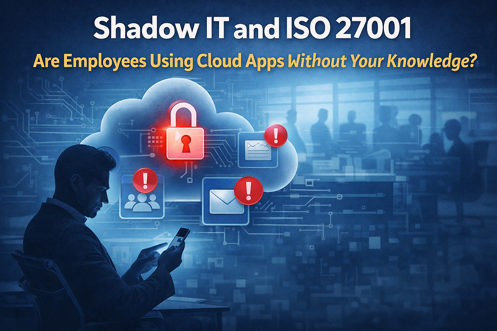 Shadow IT ISO 27001 concept showing employees using unsanctioned cloud applications and associated information security risks.