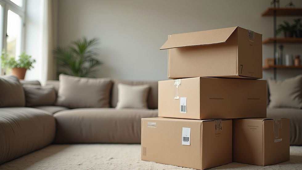 Close-up view of labeled moving boxes stacked in a living room