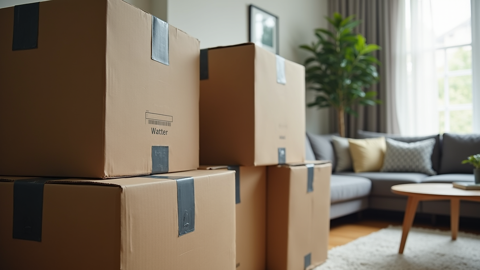 Close-up view of labeled moving boxes stacked in a Houston living room