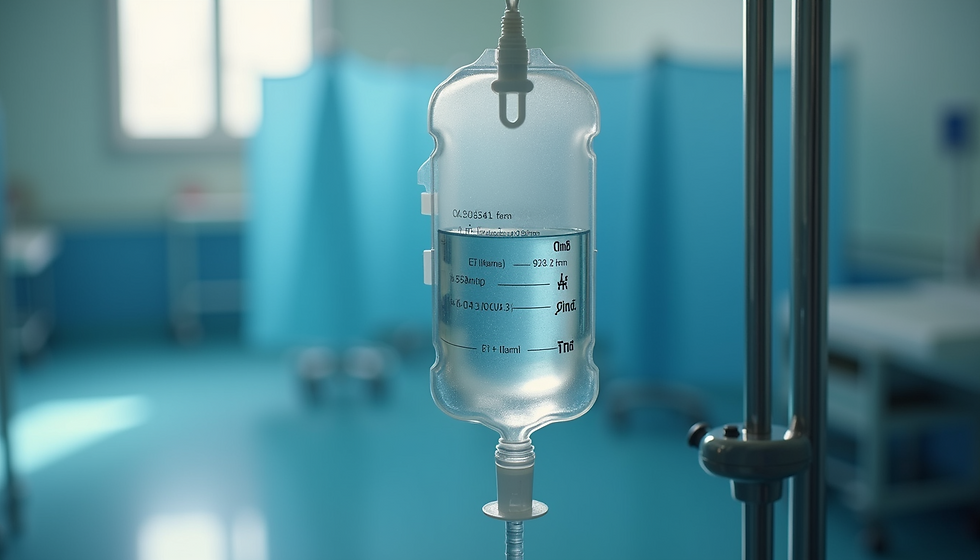 Close-up view of IV drip bag hanging with clear fluid