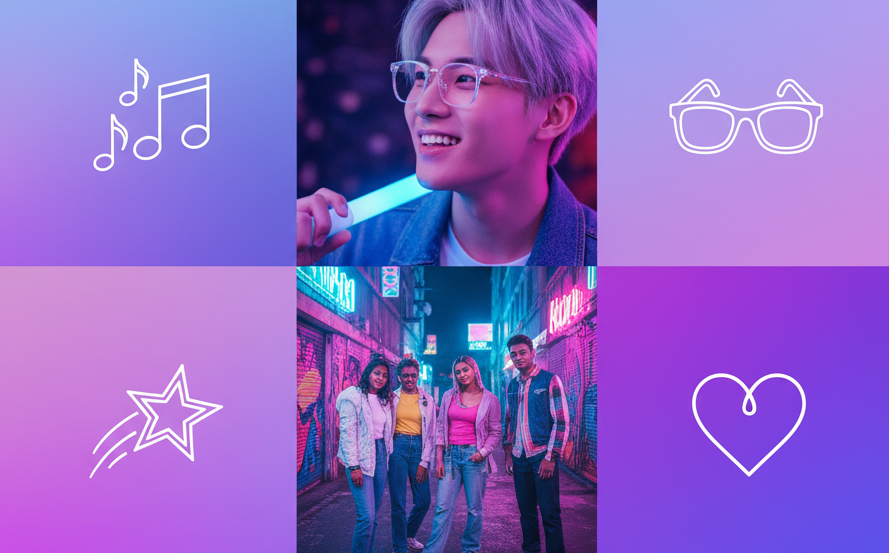 Cantor asiático sorrindo, com amigos em rua, óculos escuros em fundo roxo. Óculos K-Pop