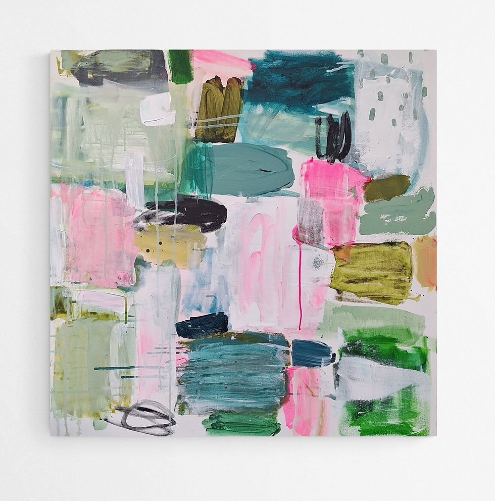 Thumbnail: A vibrant energetic abstract painting by Irish artist Tory Irvine.  Colourful blocks, layers and messy marks