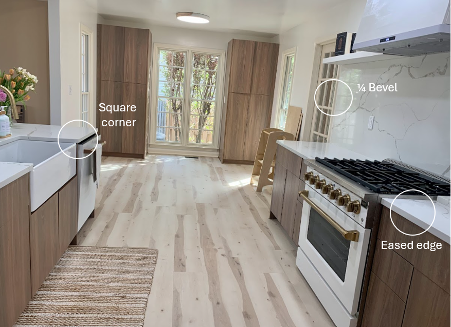 Edge styles neutral kitchen quartz countertop corners 