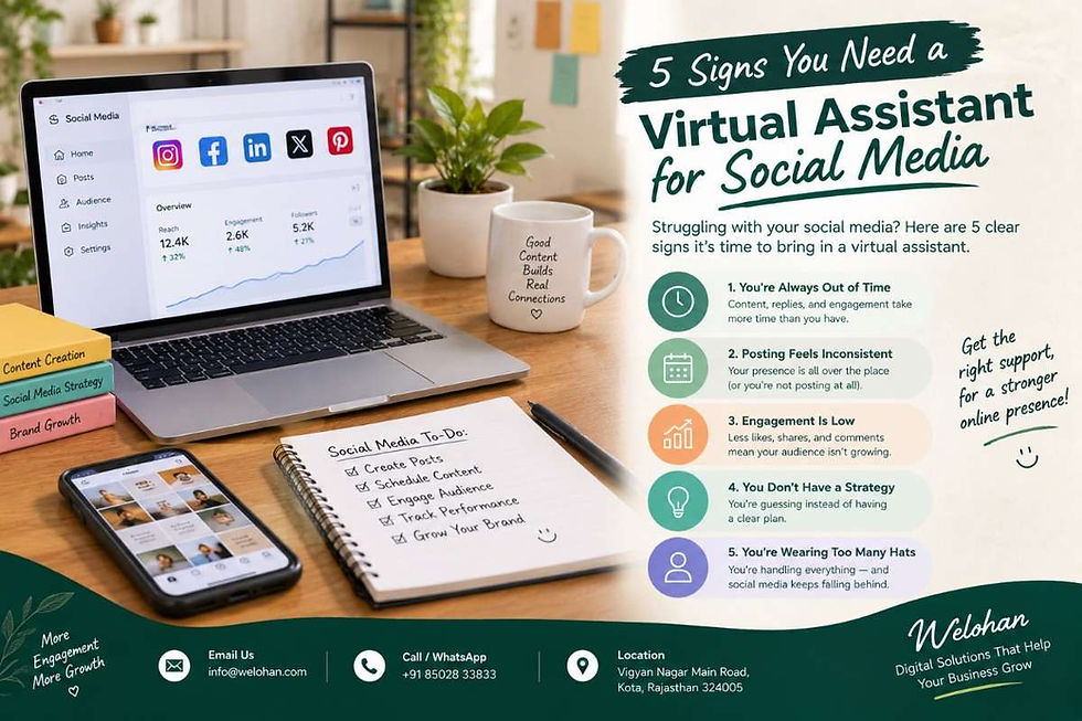 5 signs you need a virtual assistant for social media, including inconsistent posting, low engagement, lack of strategy, limited time, and too many responsibilities with Welohan.