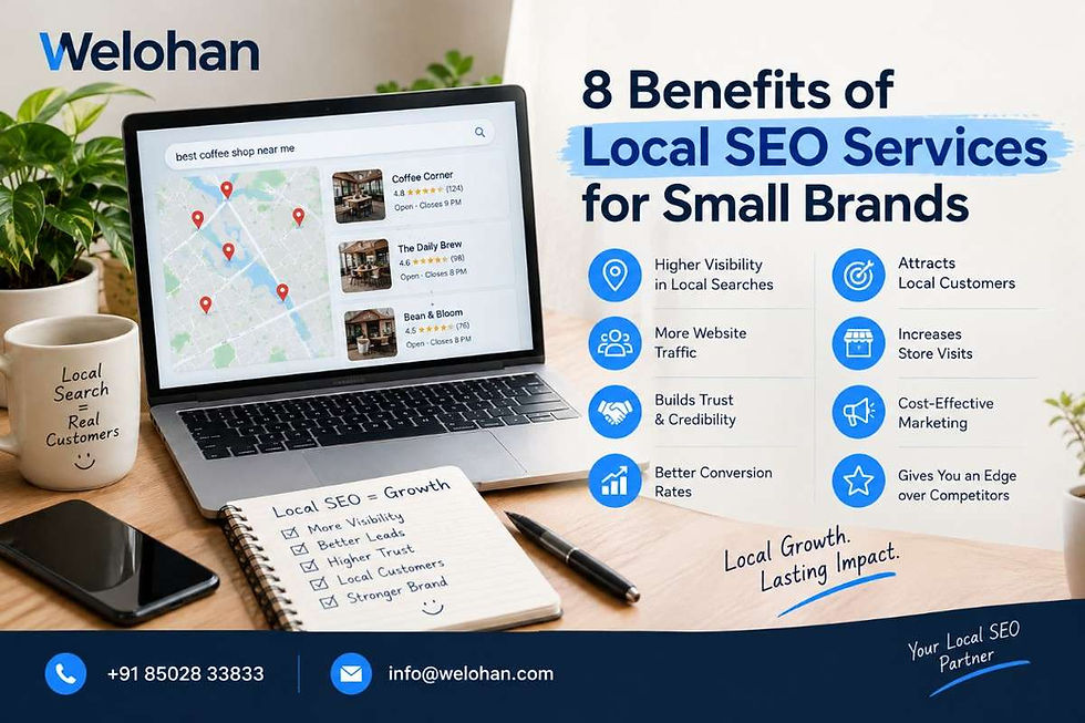 Welohan banner highlighting 8 benefits of local SEO services for small brands, including higher visibility, local traffic, customer trust, and better conversions.
