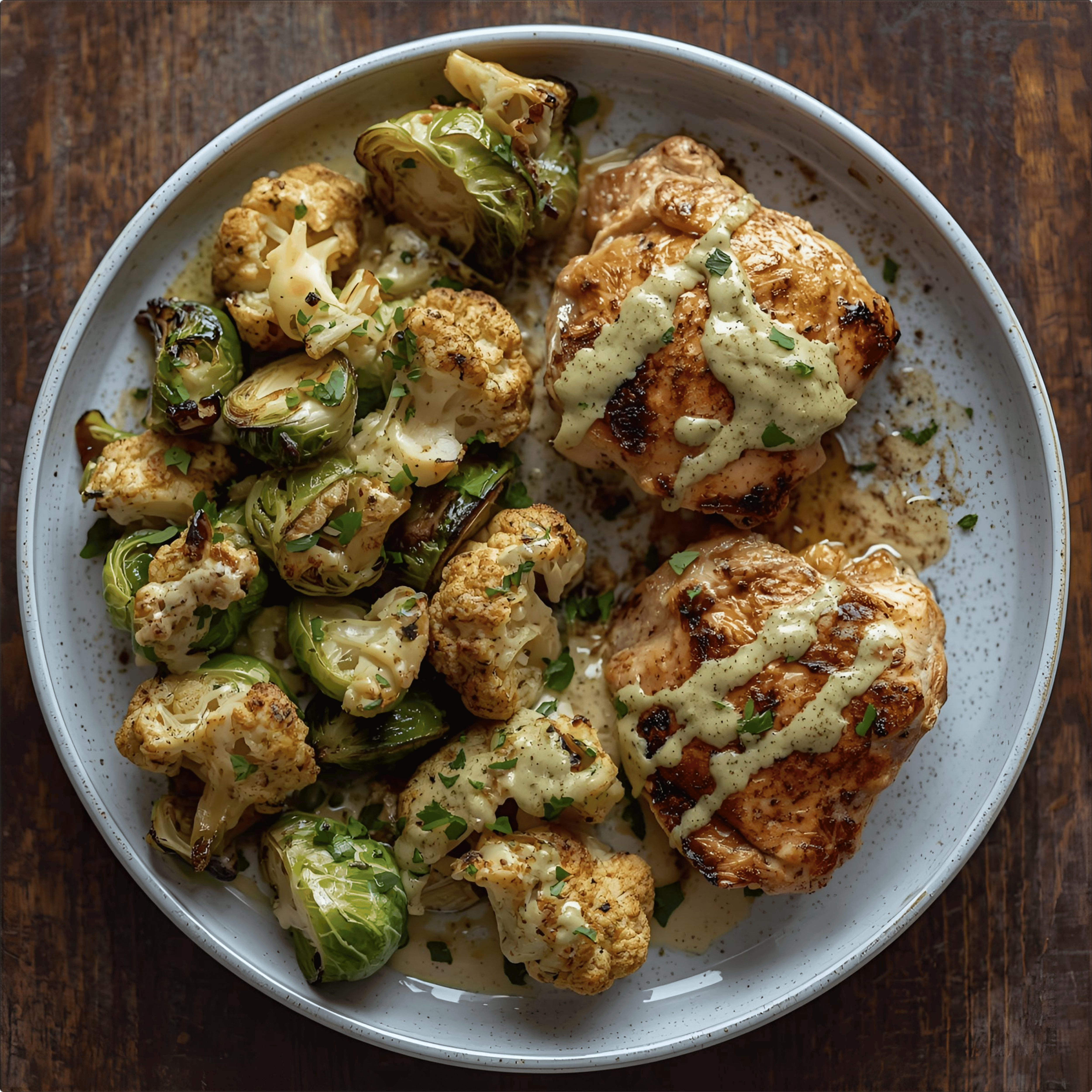 Grilled Chicken Thighs with Roasted Brussels & Cauliflower