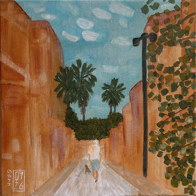 TLV Atmospheres by Elena Gorn, acrylic painting of a sunlit Tel Aviv street with ochre architecture, palm trees, and a small