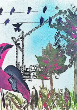 Birds on wires above urban construction