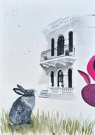 Gray rabbit near building; whimsical art