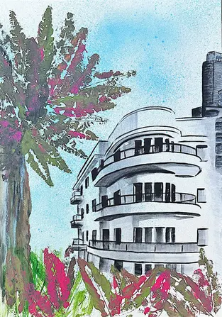 Art Deco building, palm tree, pink flowers