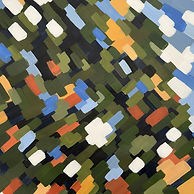 Grain of Space by Elena Gorn, modular acrylic painting with dense green, blue, ochre, and white painterly fragments.