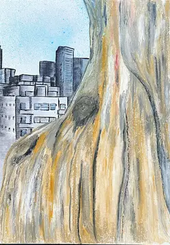 Cityscape viewed through textured curtain