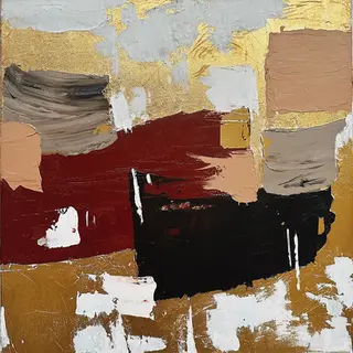 Abstract art: gold, red, black, and white paint strokes