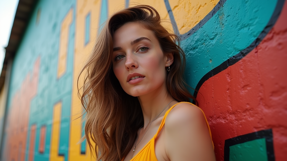 Eye-level view of a model posing against a vibrant mural
