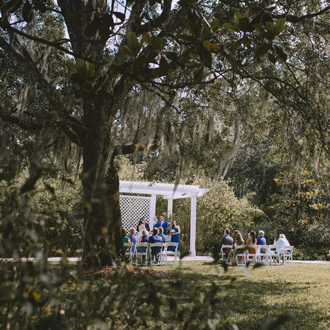 Guests seated under large oak trees by a white garden pergola.