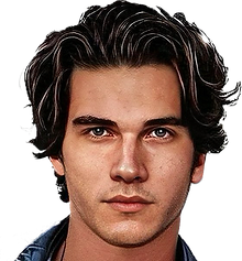 Moody looking 26 year old male protagonist lost straight ahead, while wearing a jean jacket. His dark hair goes to either side of his face, his mouth is set hard in a serious look that lacks even the hint of a smile.