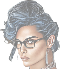 Wild, feminine hair is pulled up ontop of Thena's head.  With sharp eyebrows, strong cheekbones, and a harsly set mouth, its easy to tell that she is in charge of the whole community of Oliaya. Glasses frame her eyes, and huge hoop earings hang from her ears: something only a Master is allowed to wear. 