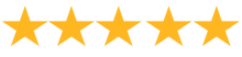 Five deep yellow stars side by side are showcased at the top of the review section.