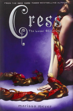 The cover of "Cress" by Marissa Meyer depicting the back of a woman with long, braided hair twisting down her arm towards the floor.