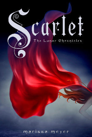 The cover of "Scarlet" by Marissa Meyer, featuring a red cape flowing and a glimpse of a girl's red hair in front of a dark blue, cloudy background.