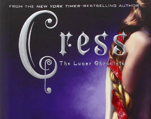 The cover of "Cress" by Marissa Meyer depicting the back of a woman with long, braided hair twisting down her arm towards the floor.