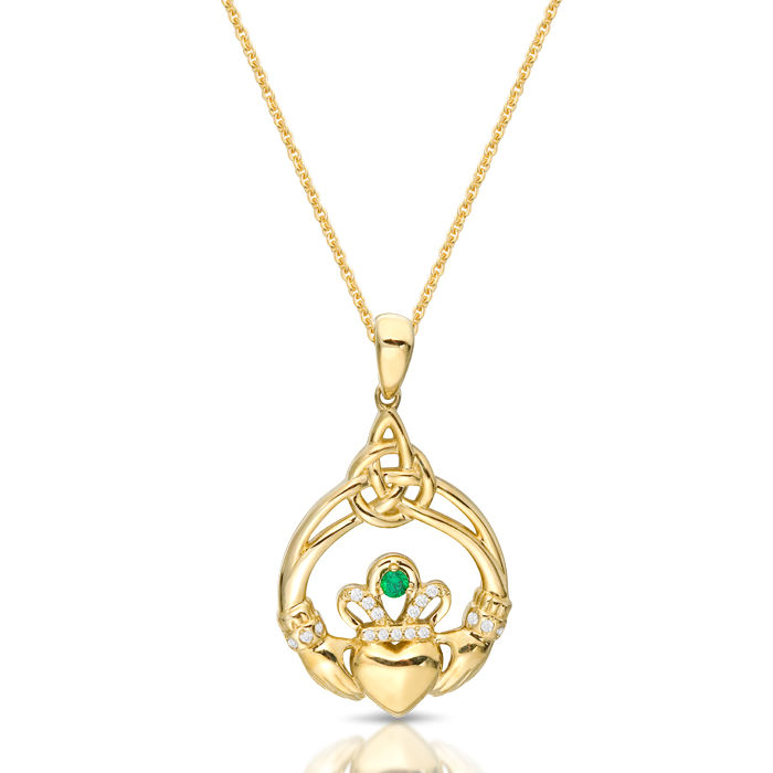 9ct Gold CZ Claddagh Pendant with Micro Pave stone setting