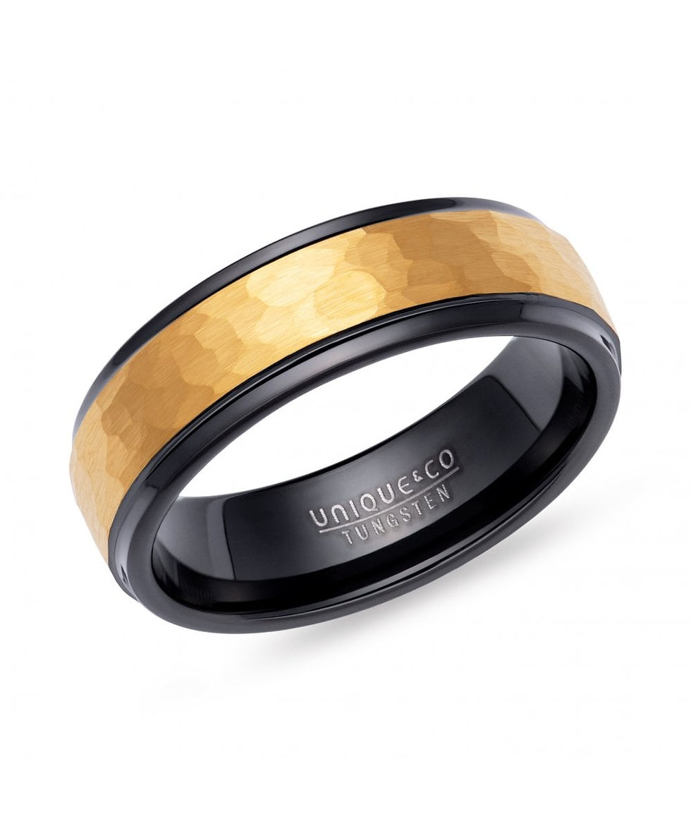 Tungsten 7mm Black & Gold Hammered Ring