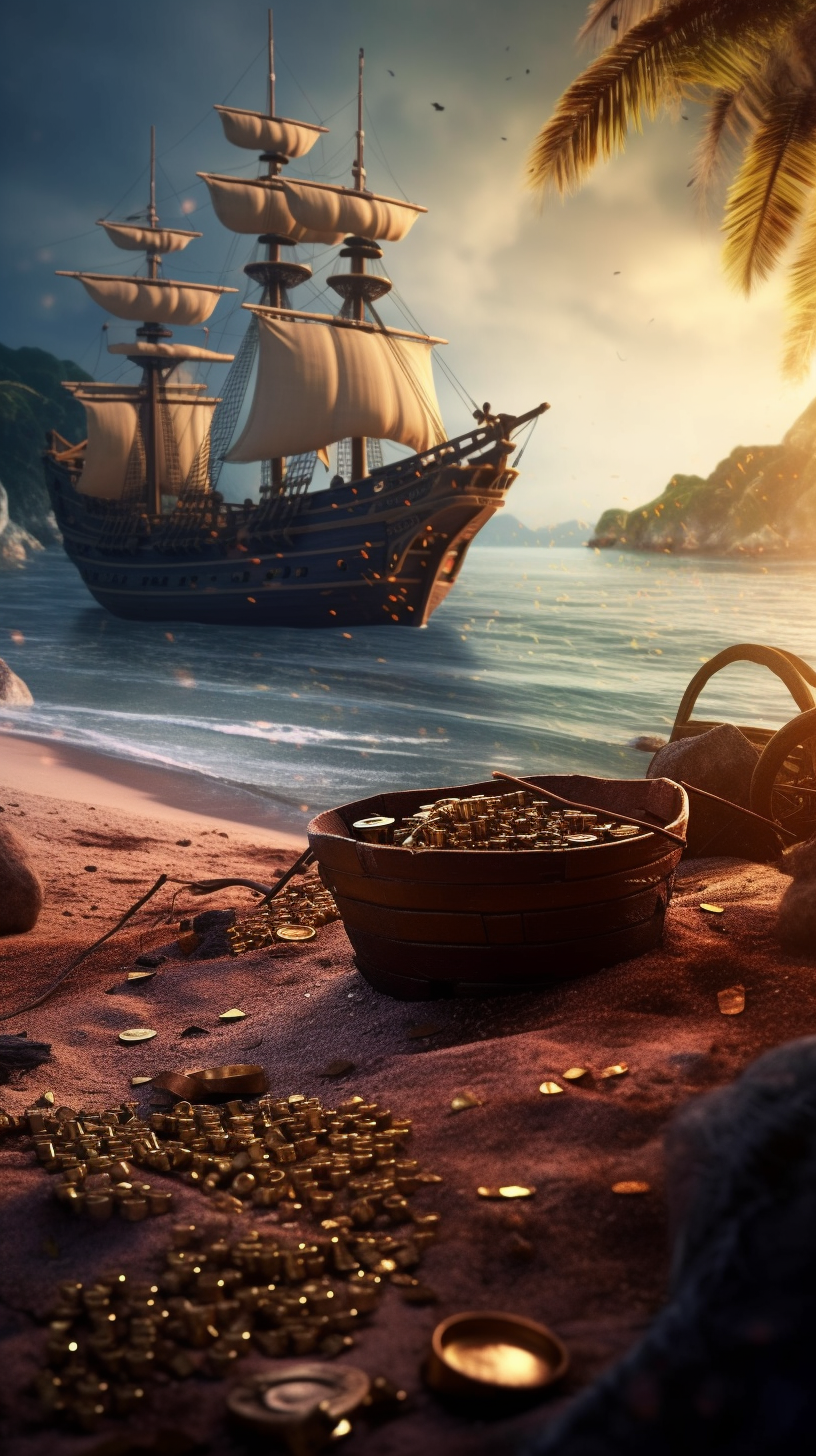 Selthrax_Pirate_ship_sailing_with_a_beach_with_coffee_beans_and_65d8eaf1-a600-4bba-bdaa-0b