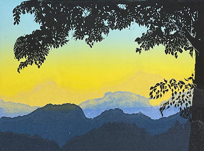 Printmaking: Silhouetted mountains, yellow-blue sky, dark branches