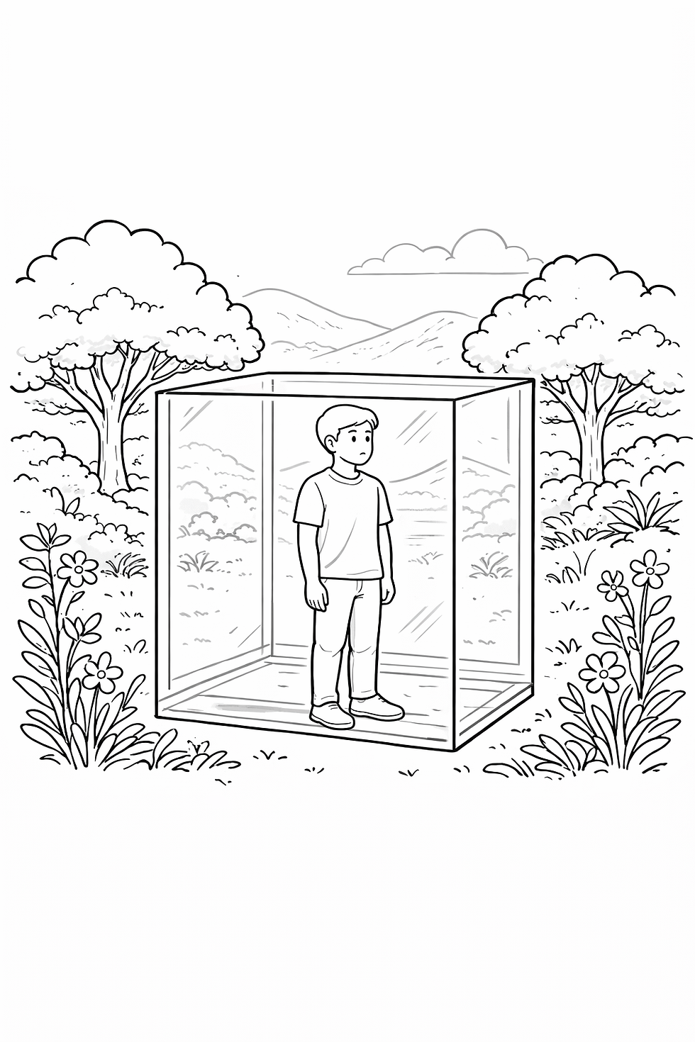 Person in einem Glaskasten