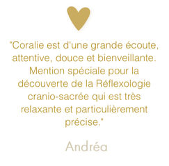 Commentaire client positif 5 sur 5 sur Google avis pour une séance de Réflexologie cranio sacrée , elle nome la bienveillance , une pratique tres précise et relaxante