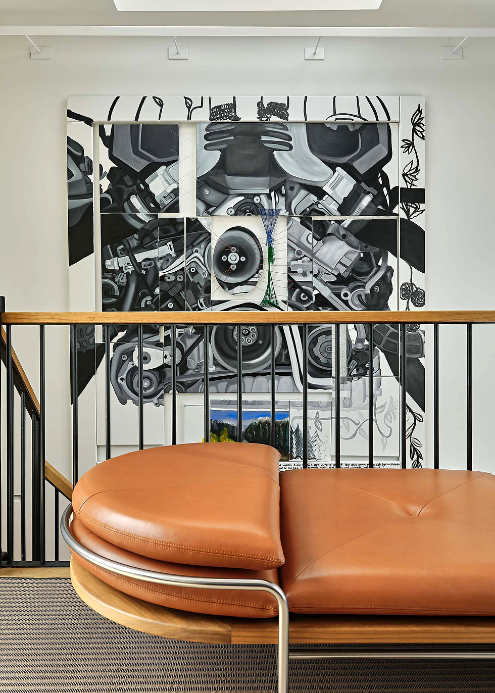 Large mixed media contemporary art hangs in modern home office.
