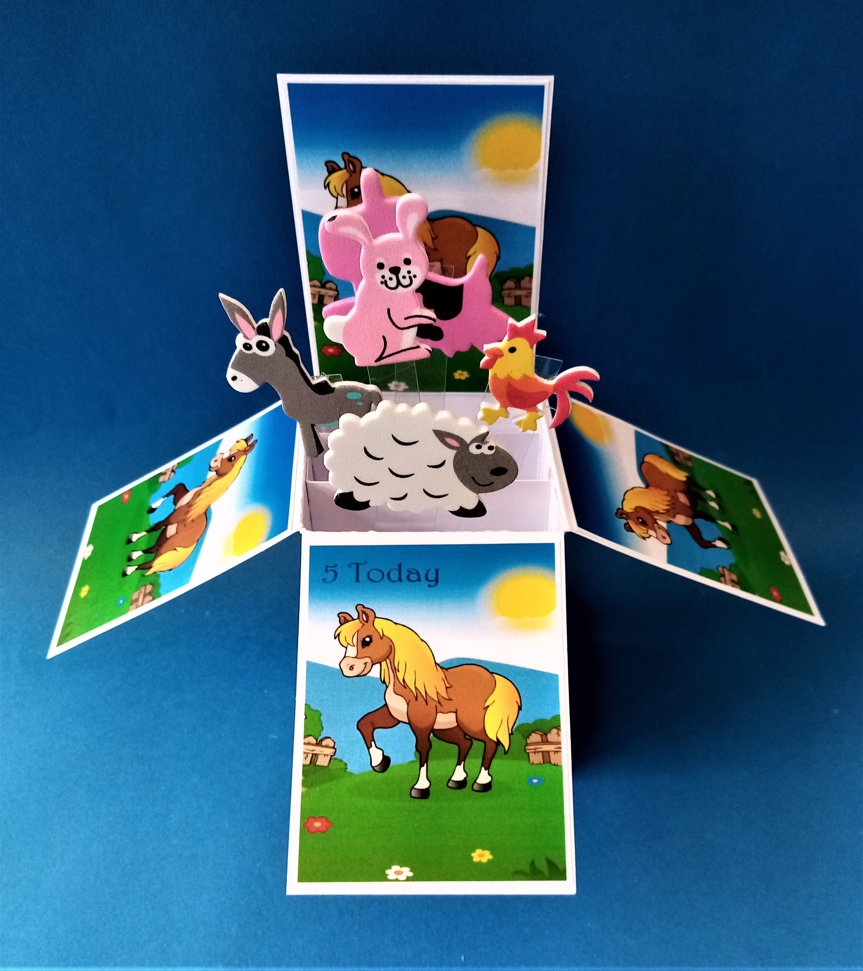 girls 5th birthday card with farm animals