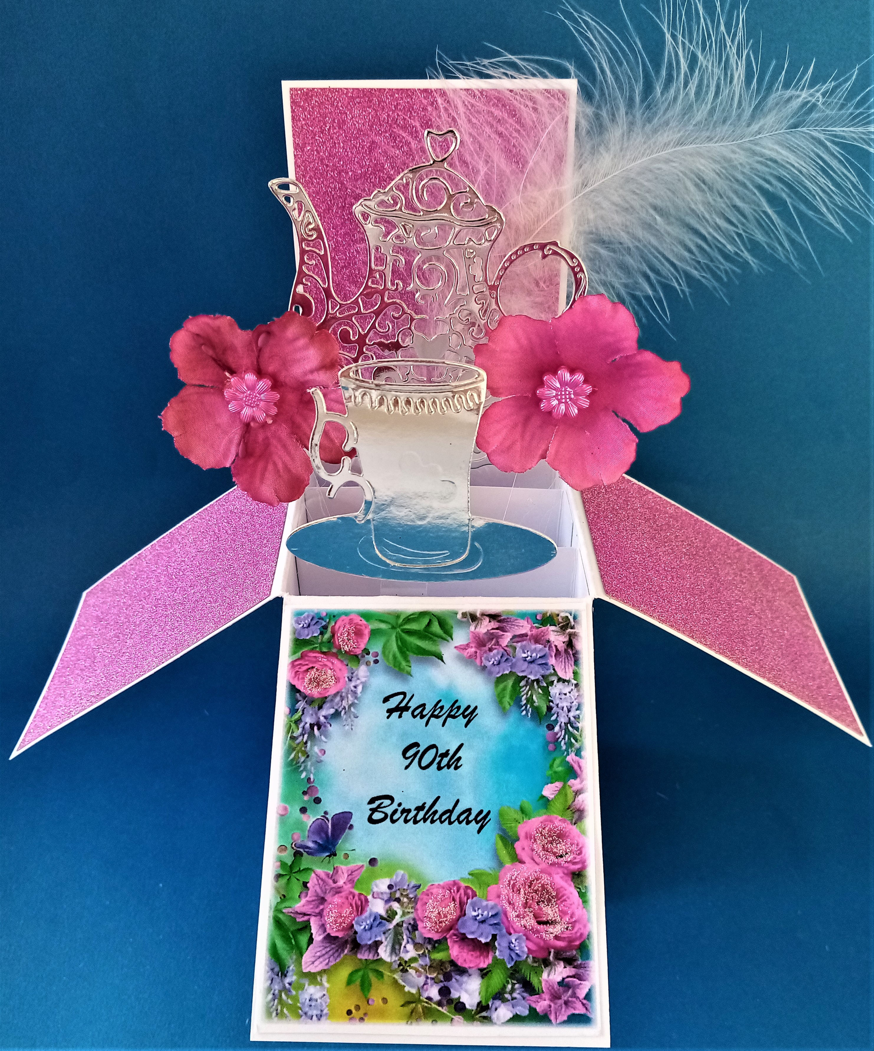 ladies 90th birthday card with a cup of tea