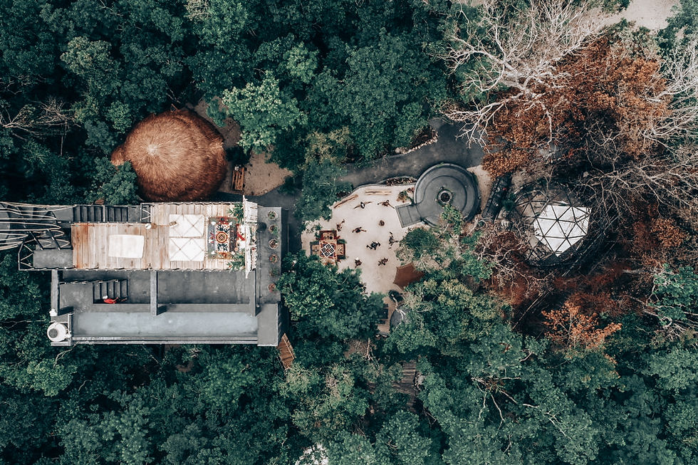Aerial view of treehouse complex with huts, wooden decks, and pathways amid dense green foliage, creating a serene and rustic scene.