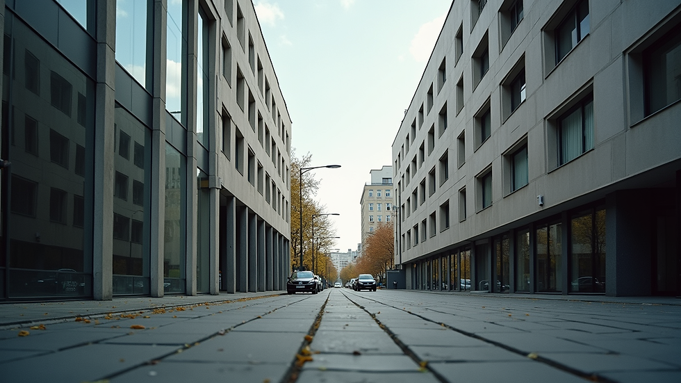 Eye-level view of a modern Berlin street with unique architecture